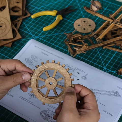 Adjustable Crossbow Siege Ancient Chariot Catapult Kit 3D Wooden Puzzle Desk Top Model basswood wheel part on instruction sheet