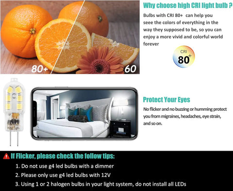 G4 LED Bulb 12V Bi Pin Replacement For Halogen 20W, 1.5W Equivalent, benefits and usage tips with CRI 80+ and eye protection info