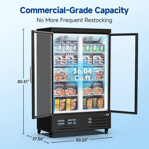 Heavy Duty Commercial Freezer Upright Two Door Glass Display Cold Storage 36 Cubic Feet showing ice cream and frozen food inside.