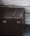 Dark brown wooden case with 2 inch mini folding hinges with screws in antique copper, for jewelry boxes and DIY projects.