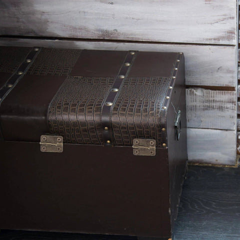 Dark brown wooden case with 2 inch mini folding hinges with screws in antique copper, for jewelry boxes and DIY projects.