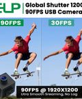 Comparison of skateboarder captured at 90FPS vs 30FPS with Global Shutter 1200P 90FPS USB Camera shown inset.