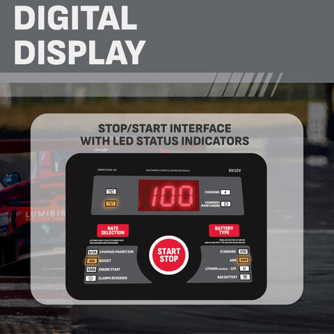 Digital display of Kickstart Your Ride With This Smart 6V And 12V Car Battery Charger showing charging rates and LED indicators.