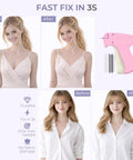 Before and after showing the Dang Quick Stitch Gun For Clothes, Lightning Fast Sewing Mender With Micro Fasteners, Slick Handheld Garment Repair Tool, No Sweat Pocket Packing Fixer For Pants And Shirts, Pink.