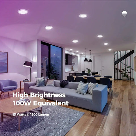 Living room with 6 Inch Smart Recessed Lighting Kit with 1200 Lumen 90+ CRI RGBCW Multicolor Downlights ceiling view