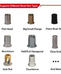 Various rivet nuts including flat head, hexagonal, and jack nut types for Rivet Nut Tool Kit With 16 Inch Gun 15 Mandrels 200 Rivet Nuts