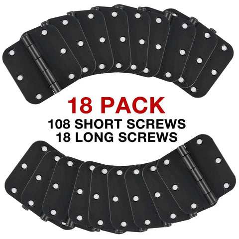 Matte Black 3.5 Inch Door Hinge Set 18 Pack Interior Hinges With Five Eighths Radius Corners Flat Iron Design Six Holes Includes One Hundred Eight Screws Rotates Two Hundred Seventy Degrees DIY Ready For Doors Cabinets And Small Boxes displayed on a white background