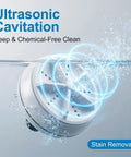 Portable Mini Ultrasonic Washing Machine For Everyday Laundry And Kitchen Prep This Compact Auto Cycle Device Is A Real Game Changer With Four Easy Settings For A Fast Chemical Free Rinse That Cuts Through Grease Zero Hassle And Pure Fresh, ultrasonic cleaner submerged in water showcasing cavitation and cleaning action.
