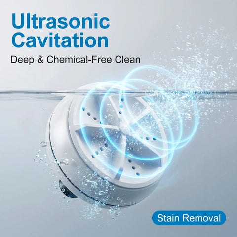 Portable Mini Ultrasonic Washing Machine For Everyday Laundry And Kitchen Prep This Compact Auto Cycle Device Is A Real Game Changer With Four Easy Settings For A Fast Chemical Free Rinse That Cuts Through Grease Zero Hassle And Pure Fresh, ultrasonic cleaner submerged in water showcasing cavitation and cleaning action.