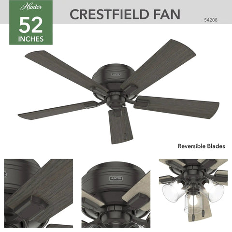 Low Profile 52 Inch Indoor Ceiling Fan With LED Lights And Pull Chain Bronze Flush Mount Five Blade Fixture For Bedroom Living Room Or Kitchen Quiet Operation Energy Efficient Cooling Crestfield 54208 Noble Bronze, side view showing reversible blades.