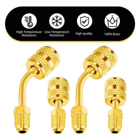 Zikefest R410A brass flare adapter set, four pieces: 5/16 in female to 1/4 in male, straight and angled