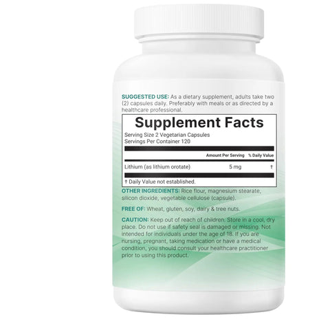Side view of Lithium Orotate 5mg for Everyday Balance, 240 Vegetarian Capsules, Non GMO Filler Free Dietary Supplement label.