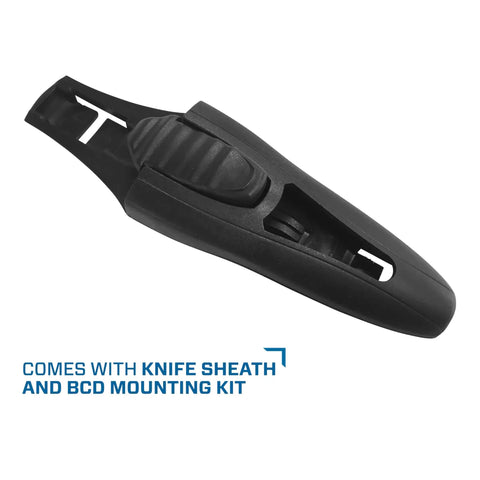 Beefy Titanium Dive Knife With 3.5-Inch Blade, Locking Sheath, And BCD Mount Kit For Scuba Gear shown with sheath.
