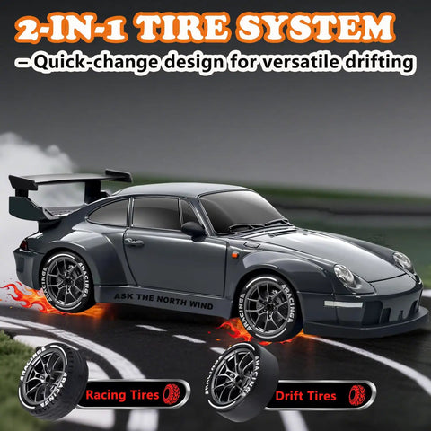 1:24 Scale RC Drift Car With 4WD And LED Lights Realistic Night Drifts on racetrack with drift and racing tires displayed