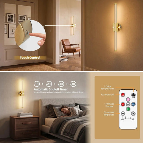 JTsupliight Wall Sconces Set of Two, 22.17" Rechargeable Wall Lights, Gold shown with touch control and features for easy use.