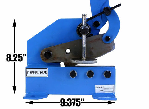 5 Inch Benchtop Manual Plate Shear Workhorse For Sheet Metal Rebar Carbon Steel And Round Stock Cuts Up To 7/16 Inch Rounds And 4-1/2 Inch Single Cut Built Tough Heavy Duty Hand Plate Cutter side view showing dimensions