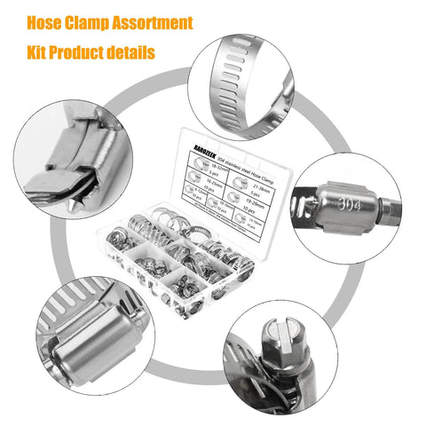 RAROZEEK 60-piece stainless hose clamp kit with adjustable worm-gear clamps, 1/4–1-1/2 in (6–38 mm) range in storage case