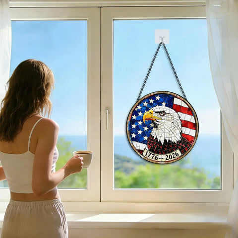 Stained Glass Window Hanging All American USA Eagle With Flag Sun Catcher Patriotic Ornament For Home And Garden Decor 7.8 In