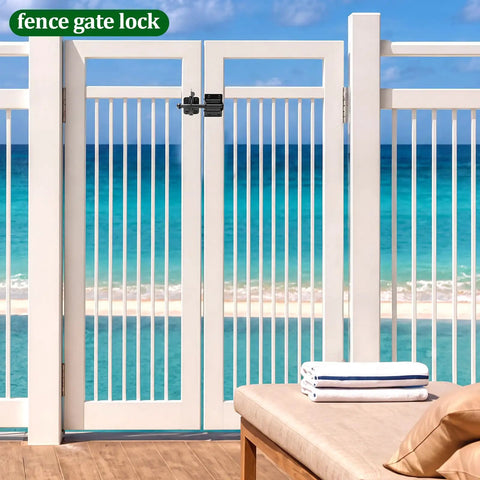 Heavy Duty Self Locking Gate Latch For Wood Fences And Garden Gates on a white slatted gate overlooking a beach.