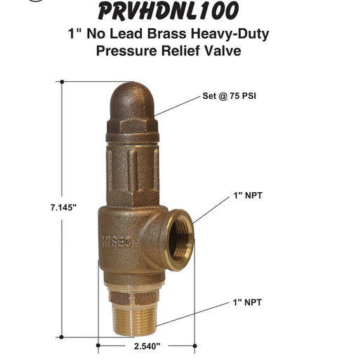 Front view of Merrill PRVHDNL100 1-inch no-lead brass pressure relief valve with 75 psi preset