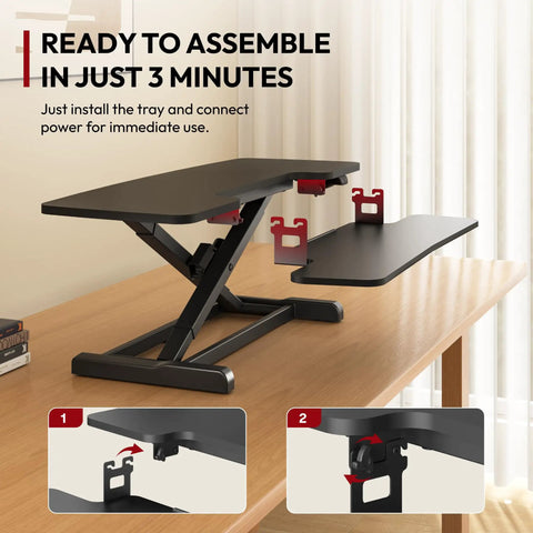 Sanodesk 35 Inch Electric Height Adjustable Standing Desk Converter Riser showing assembly instructions on a wooden table.