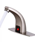 Automatic No Touch Bathroom Faucet With Motion Sensor Hands Free Sink Mixer In Brushed Nickel With Deck Plate For Germ Free Hygiene Water Saving Performance Easy Install Modern Home Update in side view showing water flow