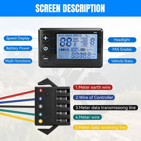 High Bright LCD Display Meter for Electric Scooters, Speedometer and Odometer with wiring diagram and control panel features