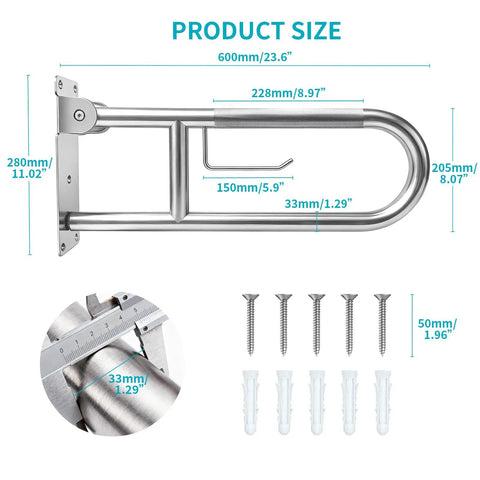 Flip Up Toilet Grab Bar With Built In Tissue Holder And Non Slip Knurled Grips Solid Bathroom Safety Rail Heavy Duty Support for Shower Tub and Easy Access top view with dimensions and accessories.