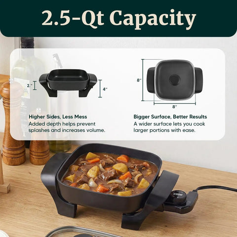 Compact Electric Skillet With Dual Nonstick Coating, 600W Power, 2.5-Quart Capacity, showing stew cooking inside.
