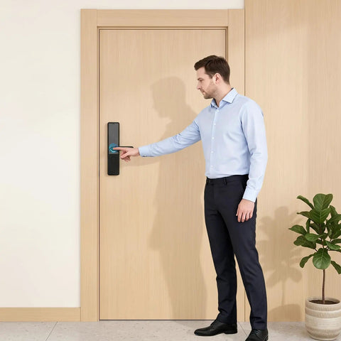 User accessing Slick Smart Fingerprint Door Lock And Keyless Entry Deadbolt Handle crafted from heavy duty aluminum alloy.