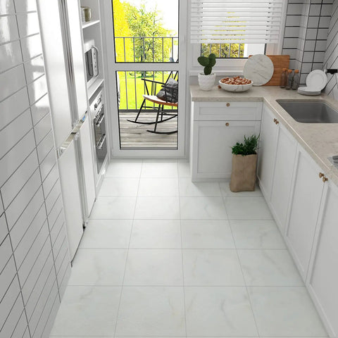 Bright kitchen with Off White Marble Peel And Stick Vinyl Floor Tiles 12x12 Waterproof Self Adhesive, showing DIY installation.