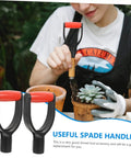 2 Pack Shovel Handle Replacement Grips No Fuss Install Ergonomic Comfort Non Slip Grip For Snow Shovels Weather Resistant Durable Replacement Part For Winter Cleanup And Yard Work shown with one on a planted pot and two spare handles on display.