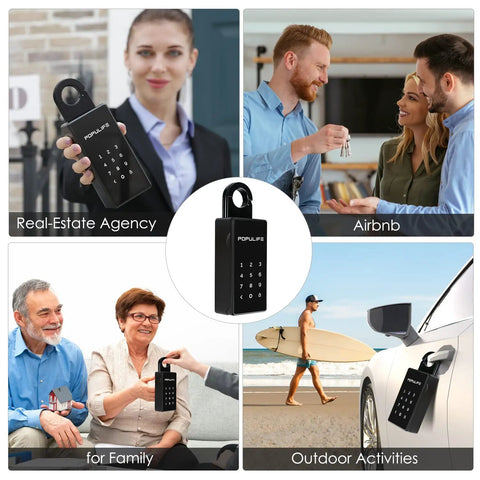 Collage showing Outdoor Key Lock Box With Digital Lock IP66 Waterproof safe used for real estate, Airbnb, family, and outdoor activities.