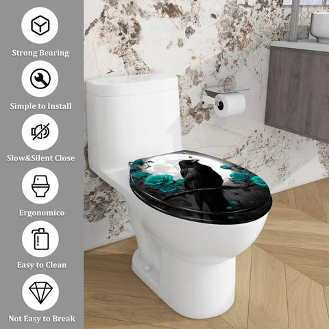Elongated Toilet Seat Resin for Bathroom featuring a crow design with turquoise roses in a modern bathroom setting.
