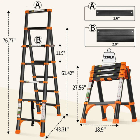 A Frame Telescoping Ladder With One Button Retraction, Aluminum Adjustable Extension Ladder, dimensions and capacity shown