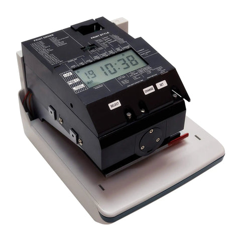 Big Win Digital Time Clock And Date Stamp Combo For Small Business Managers Keep Your Crew On Point With An Easy Punch Card System Including Fifty Time Cards Ink Ribbon And Backup Keys For Smooth Sailing showing front view with LCD display.