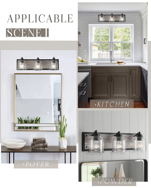 Three-Light Bathroom Vanity Light 23 Inch Large Fixture With Bubble Glass Shades over mirror and different areas.