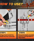 SakerPlus foldable drywall cutter; orange housing with metal blade assembly shown in two-step usage diagram.
