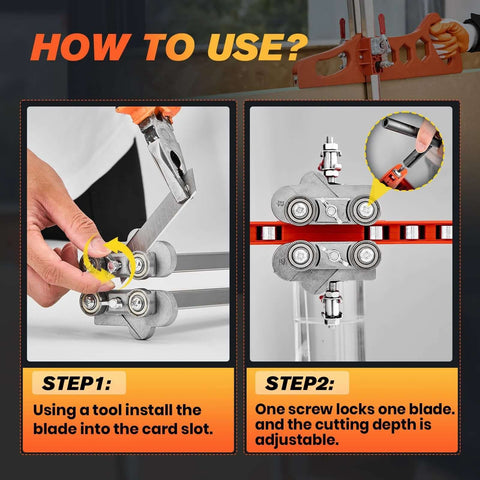 SakerPlus foldable drywall cutter; orange housing with metal blade assembly shown in two-step usage diagram.