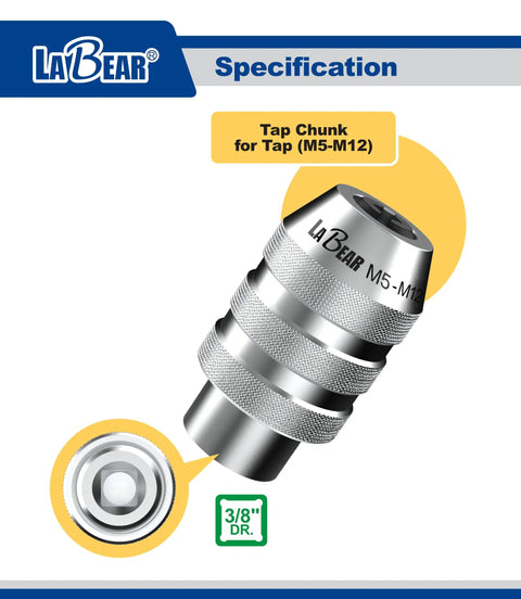 Three Eighths Inch Drive Adjustable Tap Socket For M5 To M12 Taps, Tap Chuck Adapter in close-up view showing metal threading