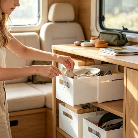 Woman organizing kitchen utensils in white drawers using Slick Adjustable Drawer Organizer Slides Easy To Block Any Gap No Sweat Guaranteed For Organizing Makeup Pens And Gear In Kitchen Drawers Or Office Setups.