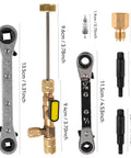 Valve Core Remover And Installer Tool Set For HVAC Systems With Dual Size SAE 1/4 And 5/16 Ports, wrenches, adapters, valve cores.