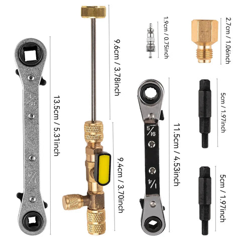 Valve Core Remover And Installer Tool Set For HVAC Systems With Dual Size SAE 1/4 And 5/16 Ports, wrenches, adapters, valve cores.
