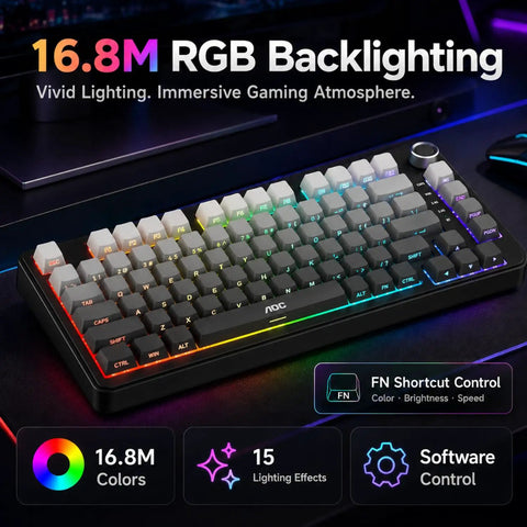 Slick 75 Percent Wireless Mechanical Gaming Keyboard With Hot Swappable Keys And Dope Dynamic RGB Lighting displaying 16.8M colors and customizable effects.