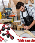 Heavy Duty Bearing Roller Featherboard Featuring An Angled Pulley Track To Stop Kickback Cold And Deliver Rock Solid Stability For Smoother Woodworking Feeding And Pro Level Precision, shown with a table saw sled in a workshop.