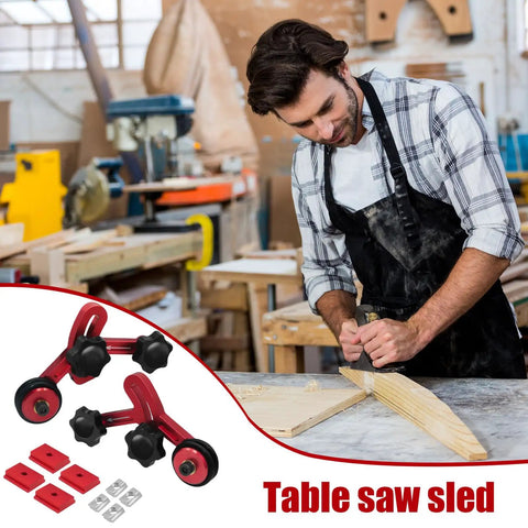 Heavy Duty Bearing Roller Featherboard Featuring An Angled Pulley Track To Stop Kickback Cold And Deliver Rock Solid Stability For Smoother Woodworking Feeding And Pro Level Precision, shown with a table saw sled in a workshop.