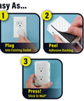 Instructions for installing Presto Plug Outlet Extender For Reaching Hidden Outlets With A 6 Foot Cord Peel And Stick On Wall
