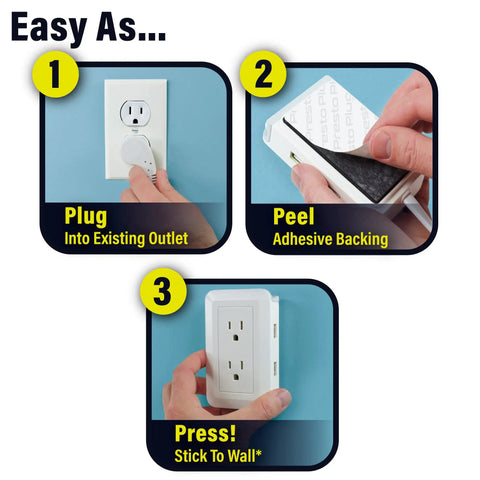 Instructions for installing Presto Plug Outlet Extender For Reaching Hidden Outlets With A 6 Foot Cord Peel And Stick On Wall