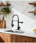 RNDIOZD Kitchen Faucet with Pull Down Sprayer, 2-Spout, Matte Black, mounted on kitchen sink with modern countertop design.
