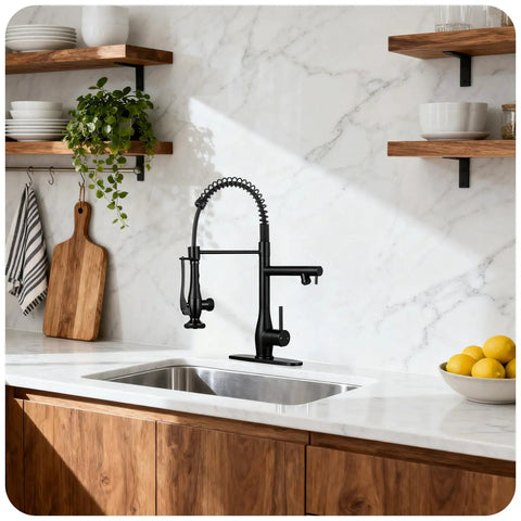 RNDIOZD Kitchen Faucet with Pull Down Sprayer, 2-Spout, Matte Black, mounted on kitchen sink with modern countertop design.
